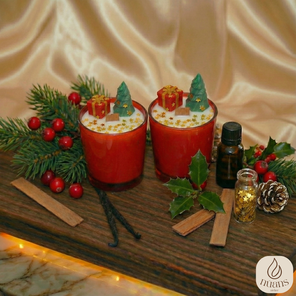 🎄 "Christmas Dream" Duo: Şömine Etkili İkili Soya Mum Seti | Pine & Red Berries